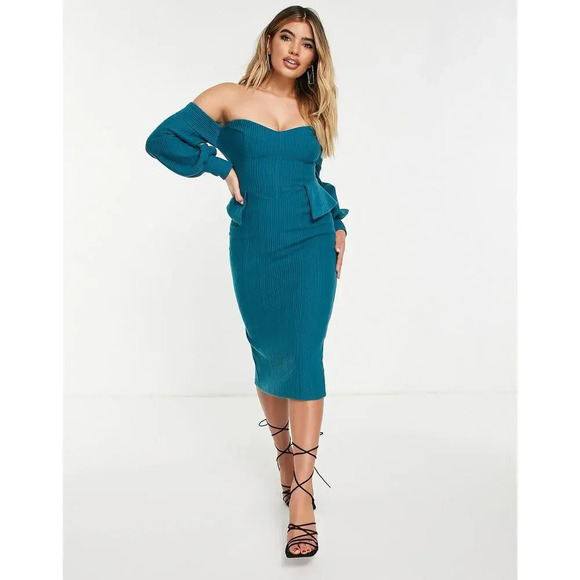 ASOS DESIGN Women's Off‎ Shoulder Cable Knit Pencil Midi Dress Teal Size 4 - Picture 1 of 10